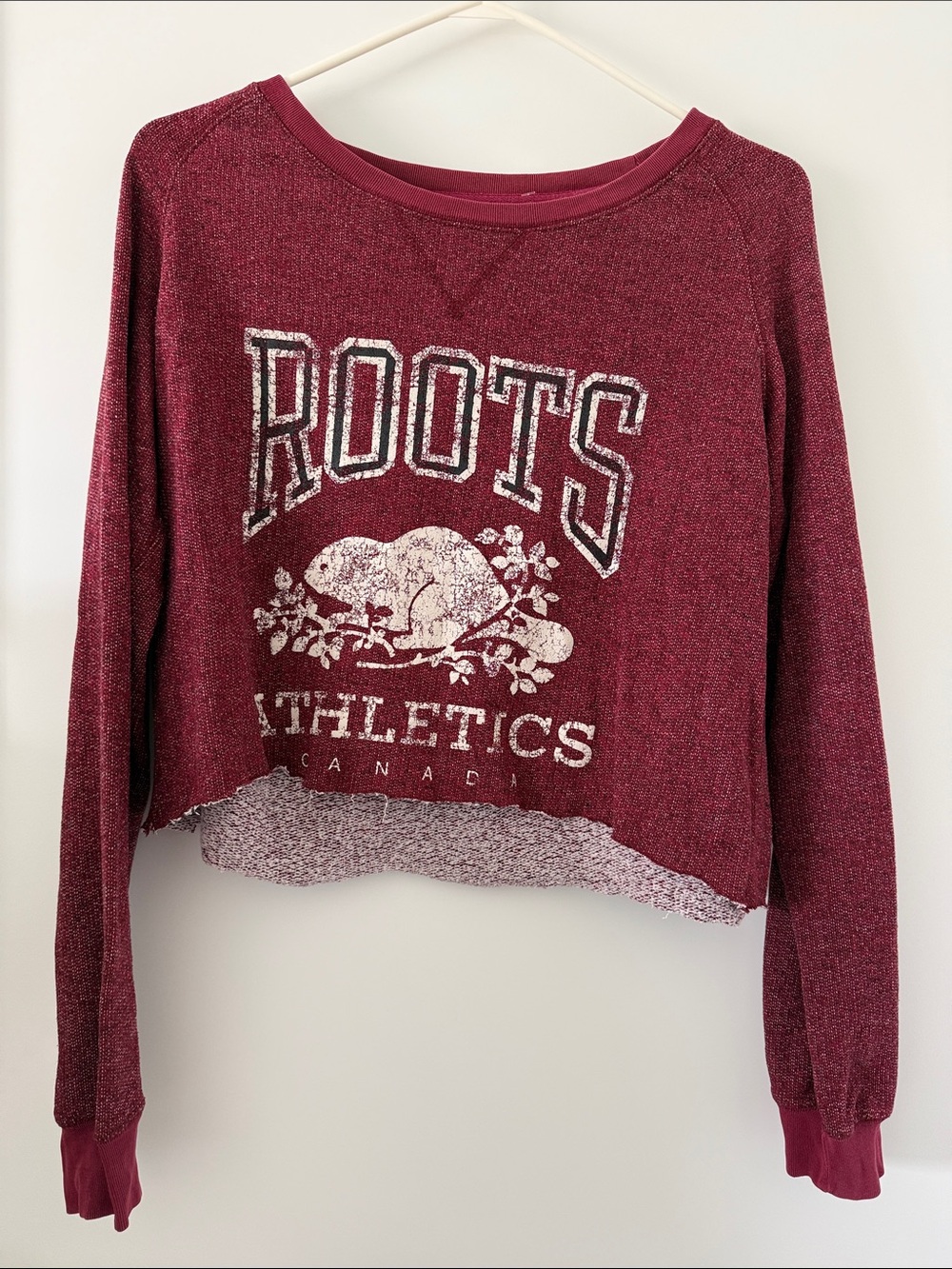 Roots Maroon Cropped Sweatshirt with White Beaver Graphic